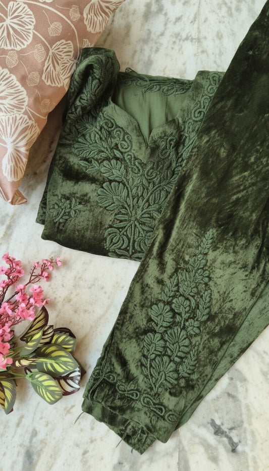 Moss Is A winter Colour Kashmiri Makhmal Pure Handcrafted Chikankari embroidery Soft & warm Luxurious Craft