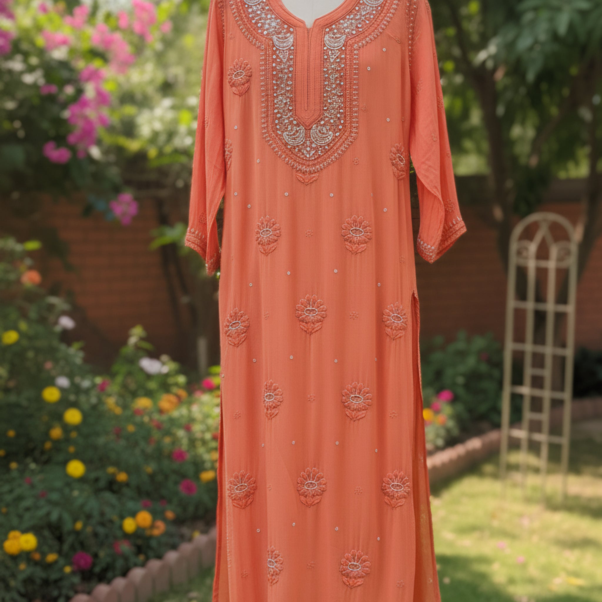 Rust Orange Beautiful Noori  Premium Georgette Chikankari Kurta Cutdana Embroidery