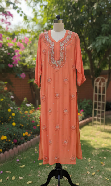 Rust Orange Beautiful Noori  Premium Georgette Chikankari Kurta Cutdana Embroidery