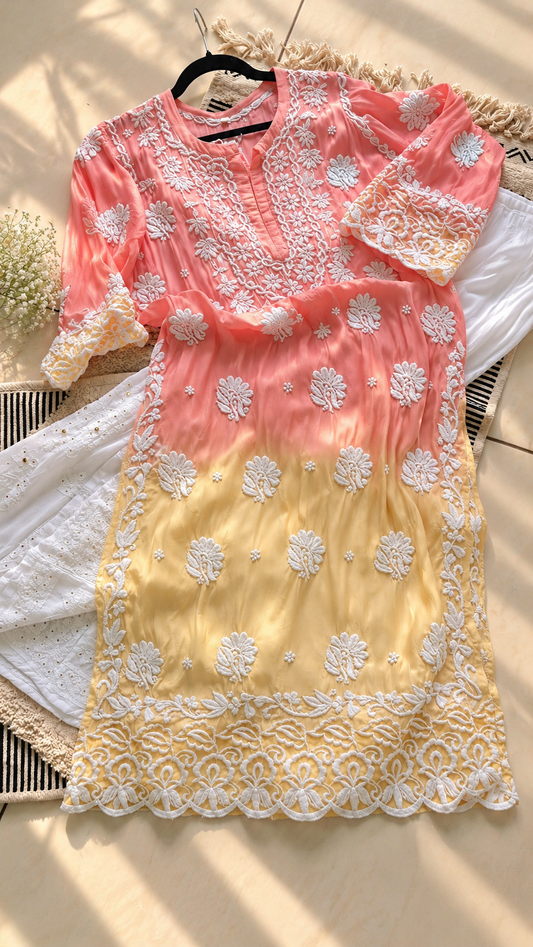 Candy Ombre Premium Georgette luxurious Chikankari Long Kurti