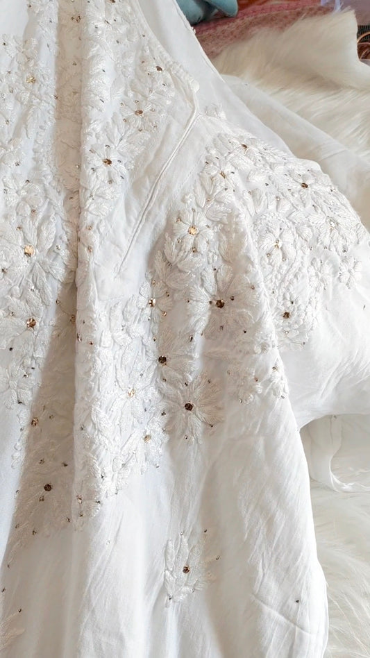 Safed Premium Soft Mulmul Non Transparent Chikankari Suit with Embroidered Dupatta