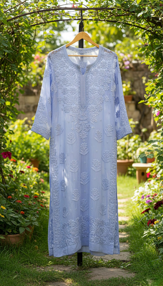 Pure Handcrafted Premium Georgette Chikankari Luxurious Long Kurta