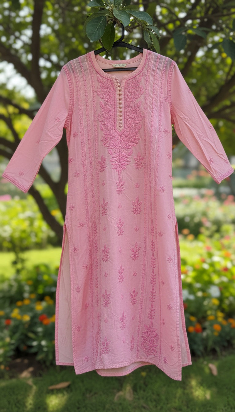 Baby Pink Premium Mul Silk Oversized Chikankari Long Kurta