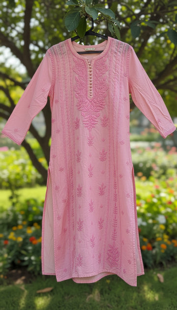 Baby Pink Premium Mul Silk Oversized Chikankari Long Kurta