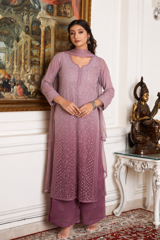 Kaneez Mauve Ombre Premium Georgette Pure Handcrafted Chikankari Kurta Set