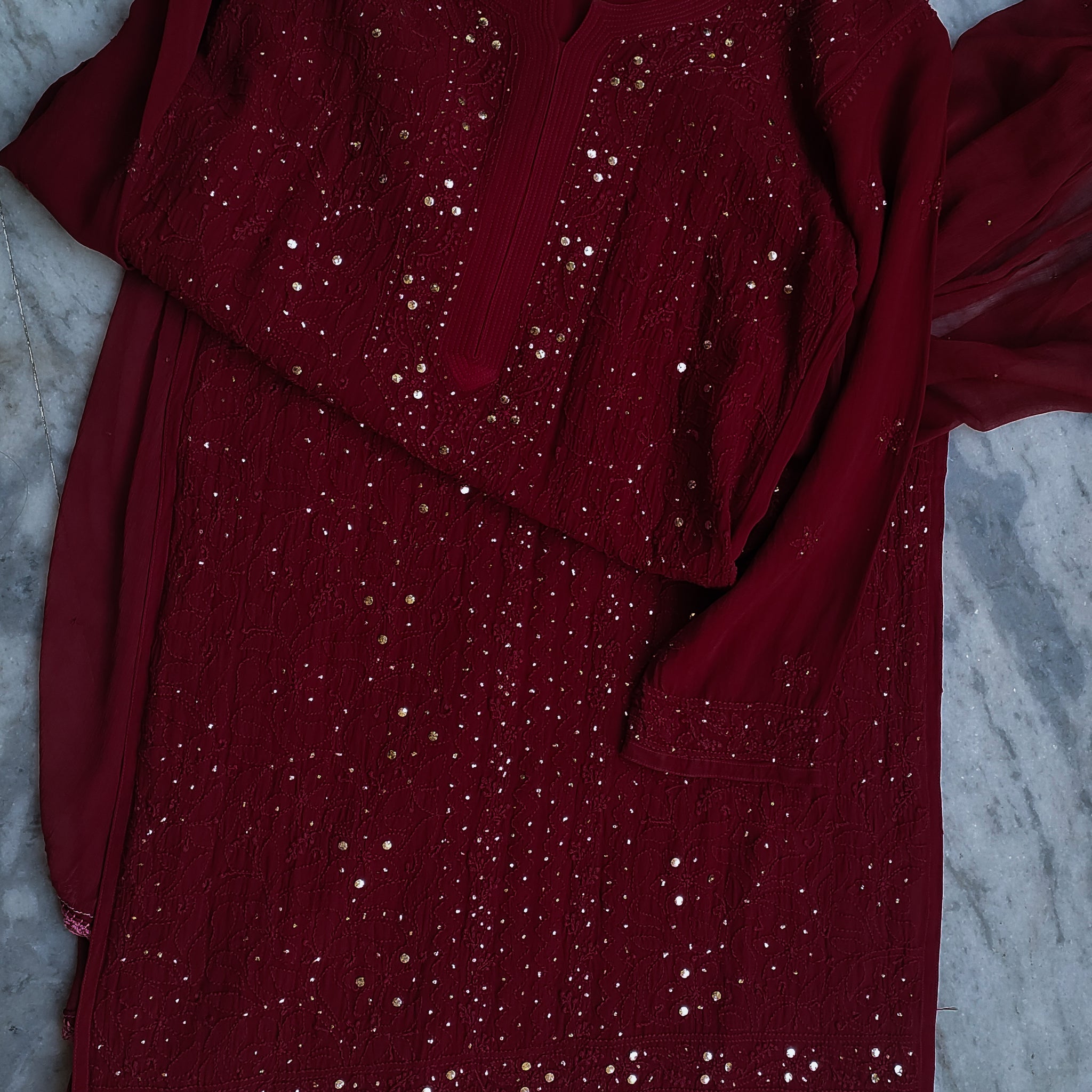 Surkh Premium Georgette  Mukaish Embroidery Luxurious Chikankari Kurta Set