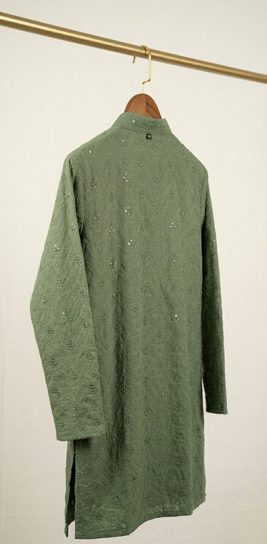 Pure Cotton Lucknowi Men's Kurta With Jaali Detailing
