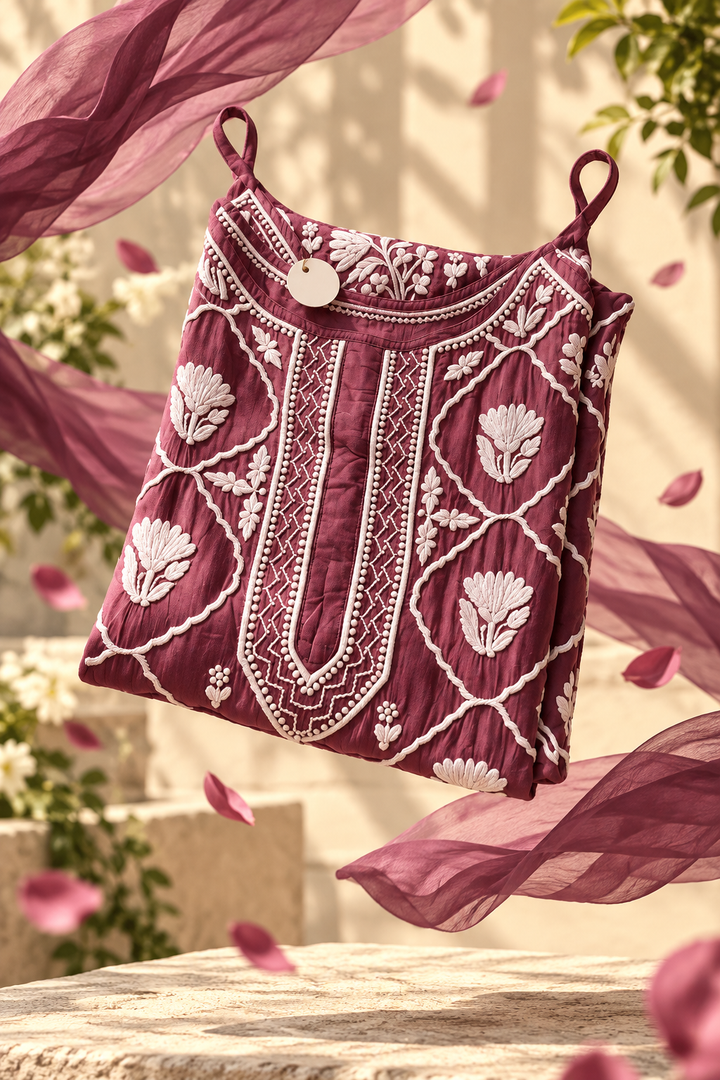 Elegant Tulip Premium Crepe Silk Kurti by LVW Fashions featuring intricate handcrafted Chikankari embroidery.