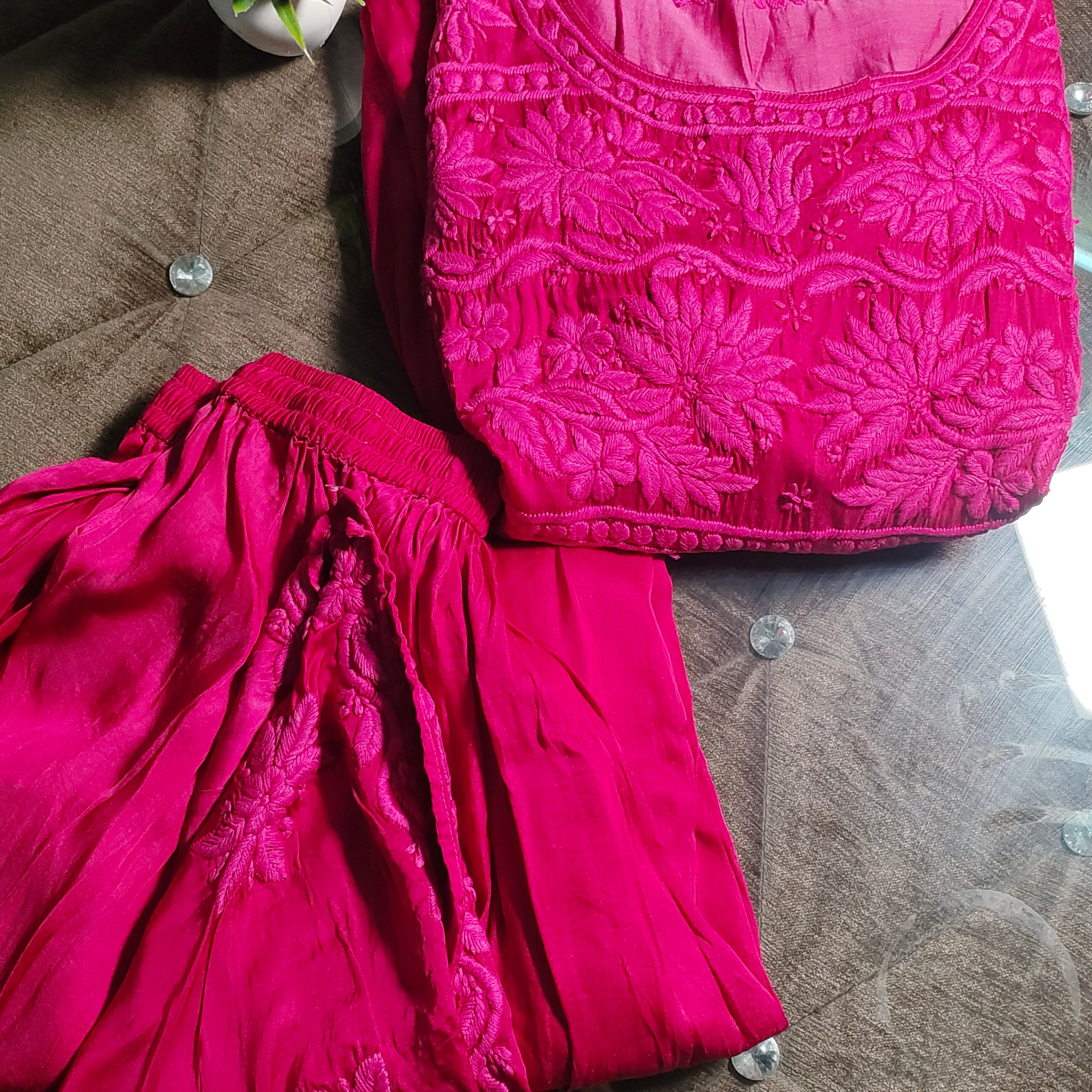 IRIANA Premium Satin Silk Chikankari Dhoti Tunic  Frill Sleeves co-ord Set