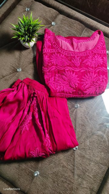 IRIANA Premium Satin Silk Chikankari Dhoti Tunic  Frill Sleeves co-ord Set