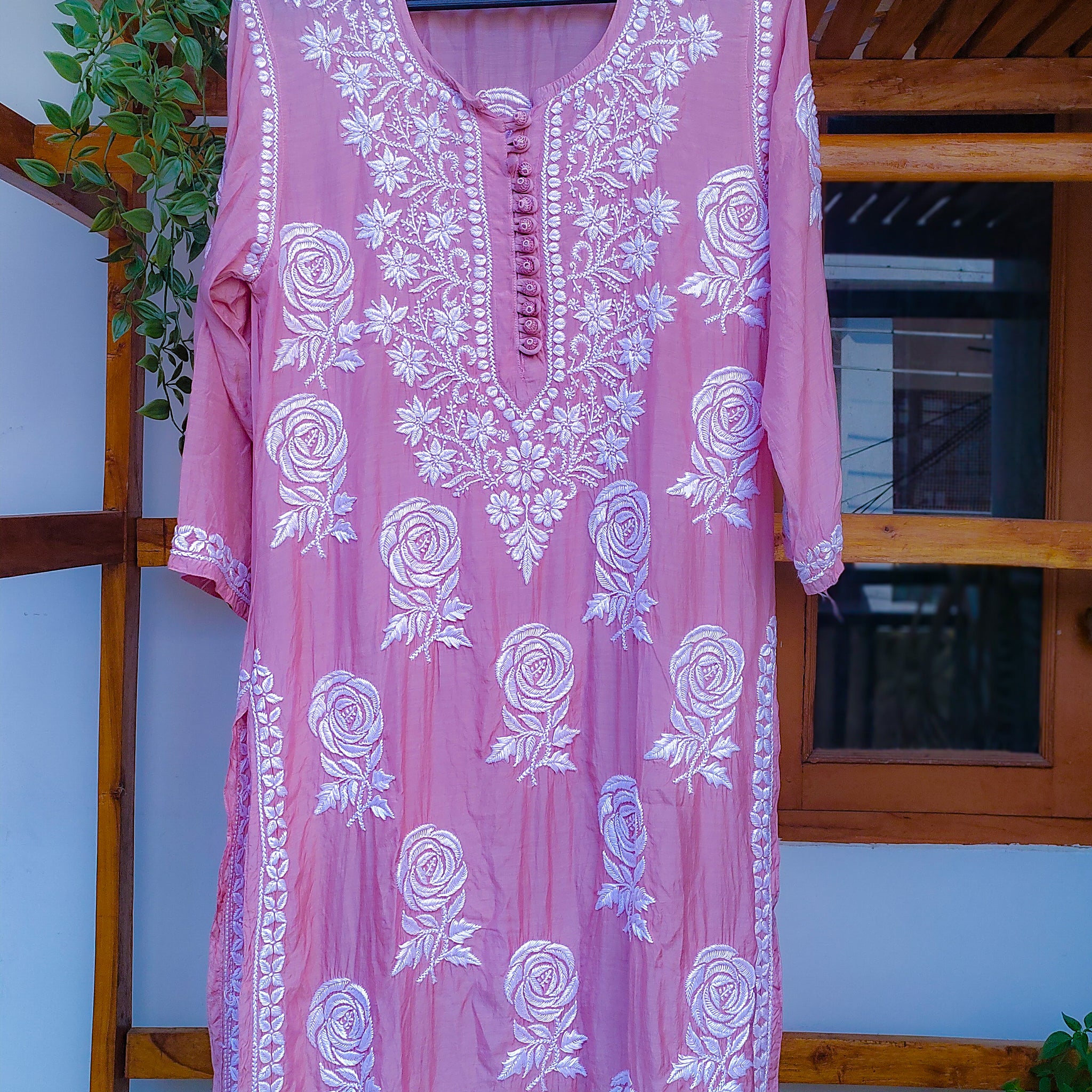 Rose & Leaf Premium Silk Chikankari Long Kurta Pure Handmade