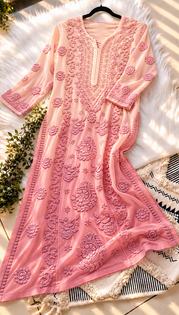 Blush Viscose Premium Georgette Chikankari kurta Set 7D Embroidery