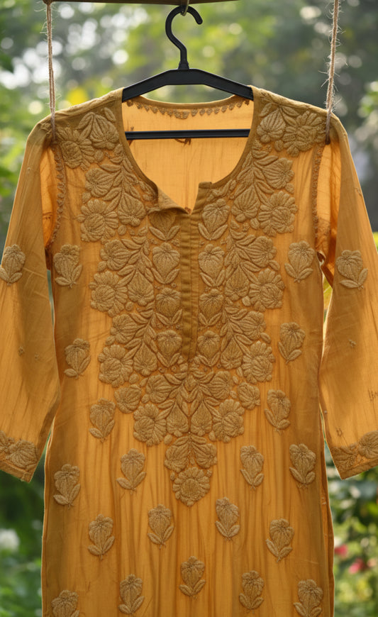 Turmeric Yellow Premium Silk Chikankari Luxurious Long Kurta
