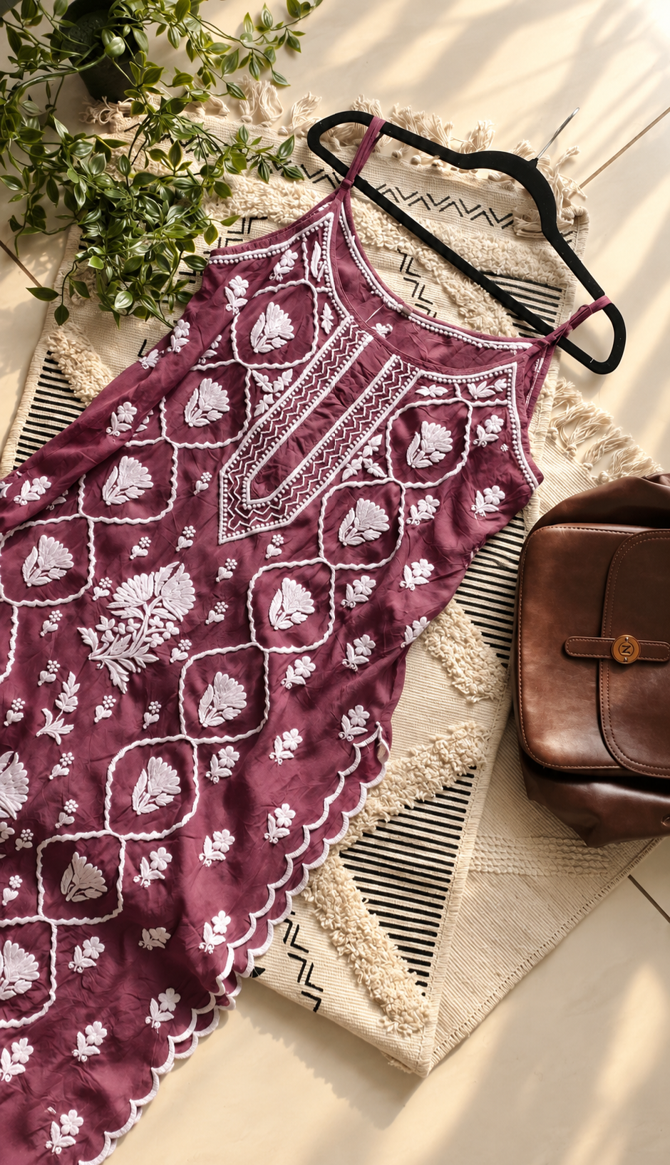 Elegant Tulip Premium Crepe Silk Kurti by LVW Fashions with intricate handcrafted Chikankari embroidery, showcasing detailed floral patterns.