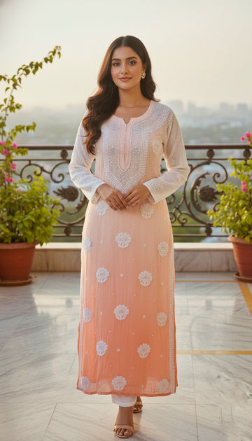 Peach Ombre Beautiful Noori  Premium Georgette Chikankari Kurta Cutdana Embroidery