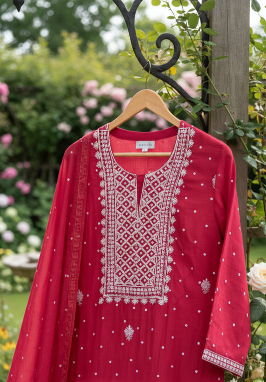 Beautiful Premium Chanderi Unstitched Kurta Dupatta Set Chikankari & Pearl Add-on