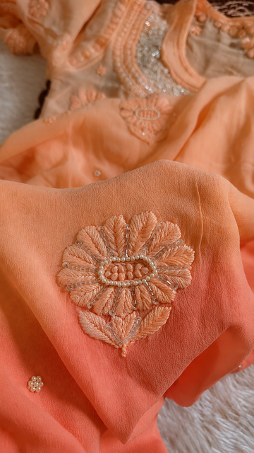 Noori Peach Ombre Premium Georgette Chikankari Pearls Cutdana Embroidery