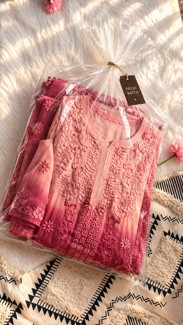Raspberry Ombre Viscous Georgette Chikankari Long Kurti
