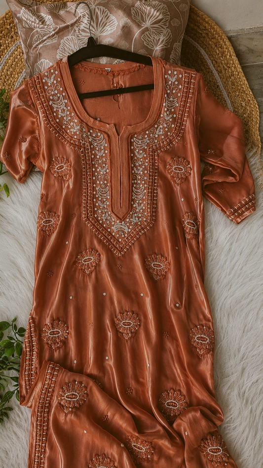 Old terracotta Noori Premium Georgette Chikankari Pearls Cutdana Embroidery