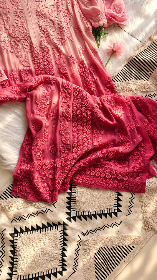 Raspberry Ombre Viscous Georgette Chikankari Long Kurti