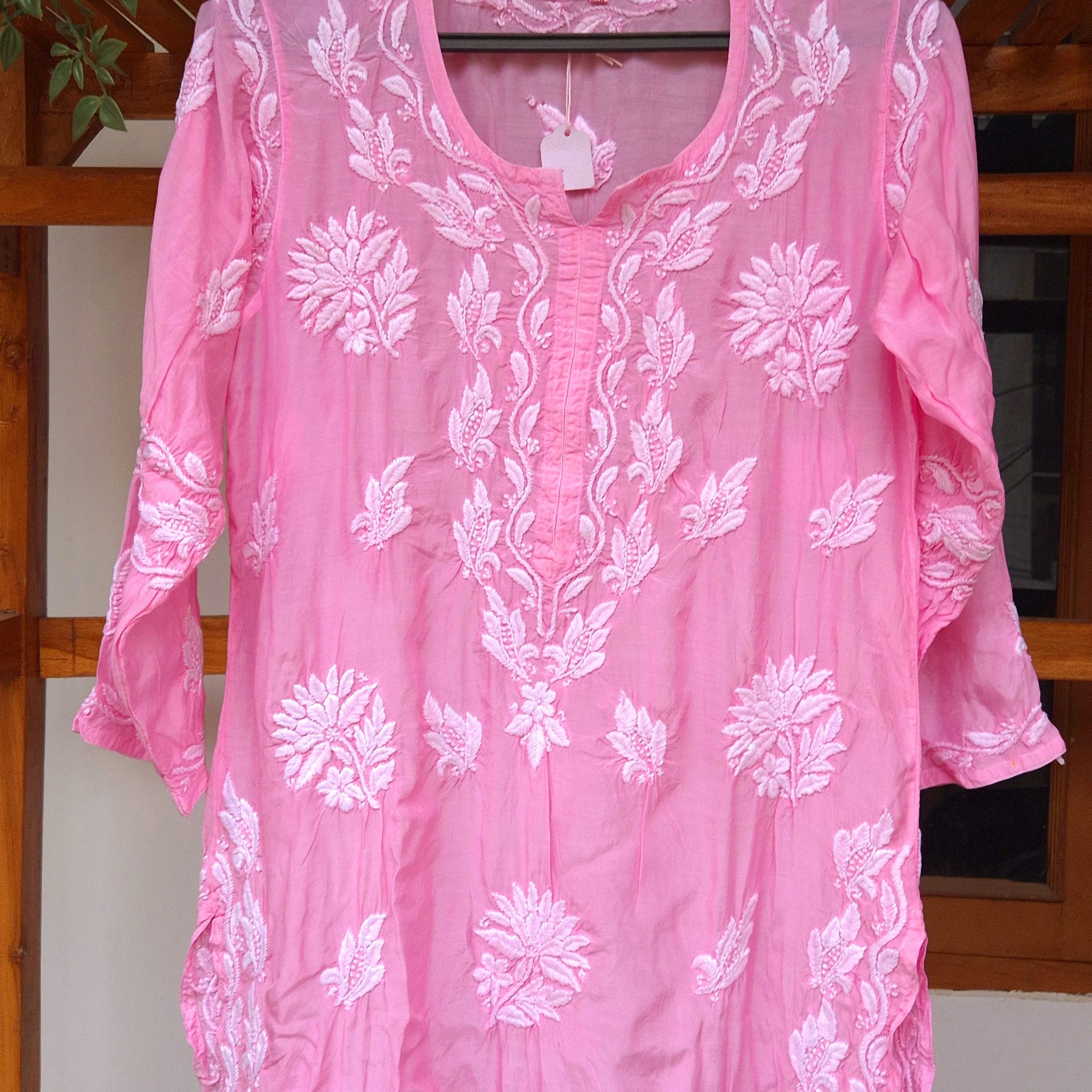 Pinkish Premium Silk Chikankari Long Kurti