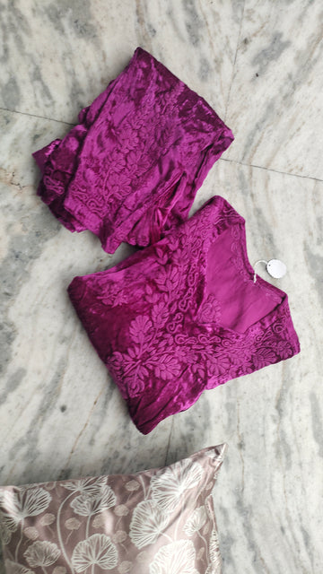 Candy Pink makhmal Chikankari Co-ord Set Luxurious Embroidery