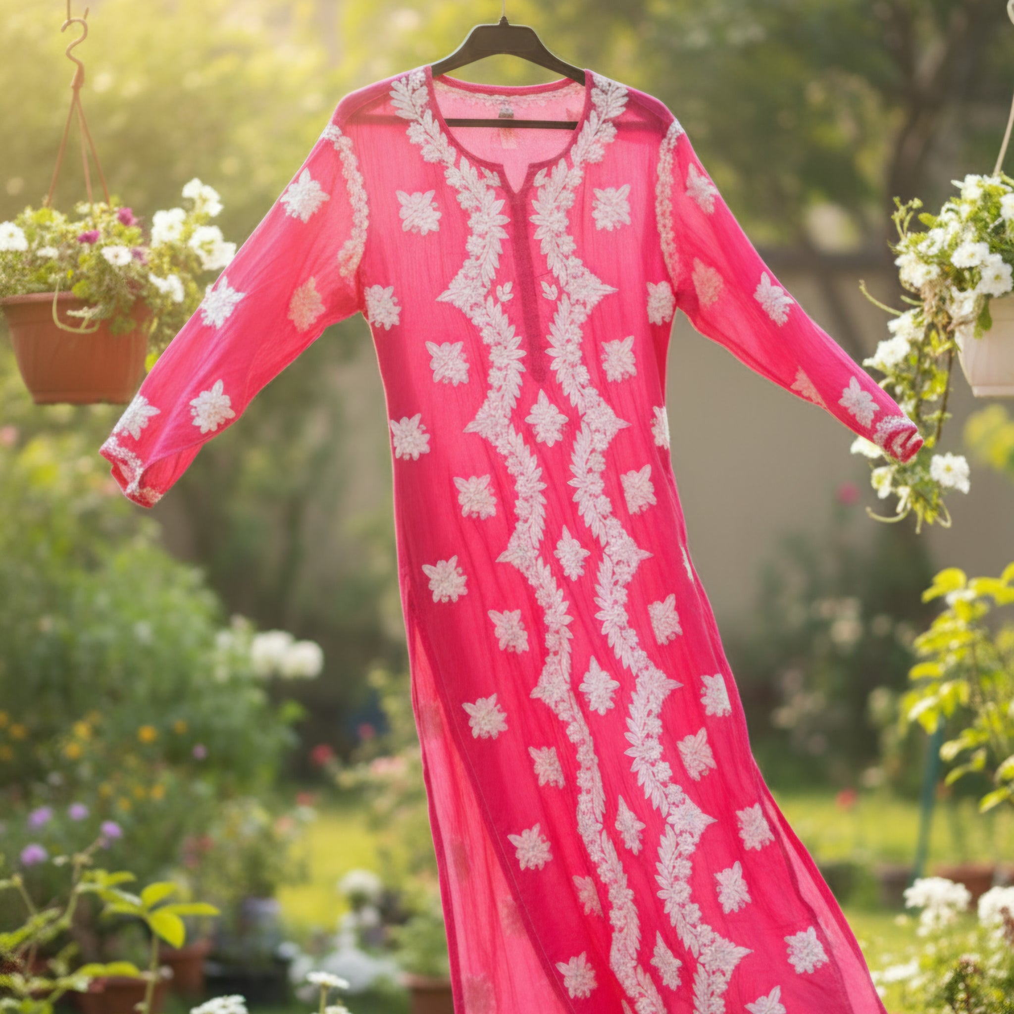 Pinkish Heavy Pure Handcrafted Embroidery Premium Silk Chikankari Kurti set for Women