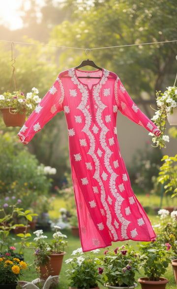 Pinkish Heavy Pure Handcrafted Embroidery Premium Silk Chikankari Kurti set for Women