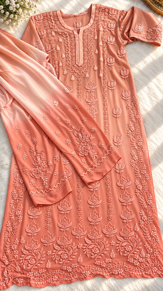 Handmade Peaches Lotus Viscose Georgette Chikankari kurta with rose palette embroidery from LVW Fashions, featuring traditional Lucknow chikankari.