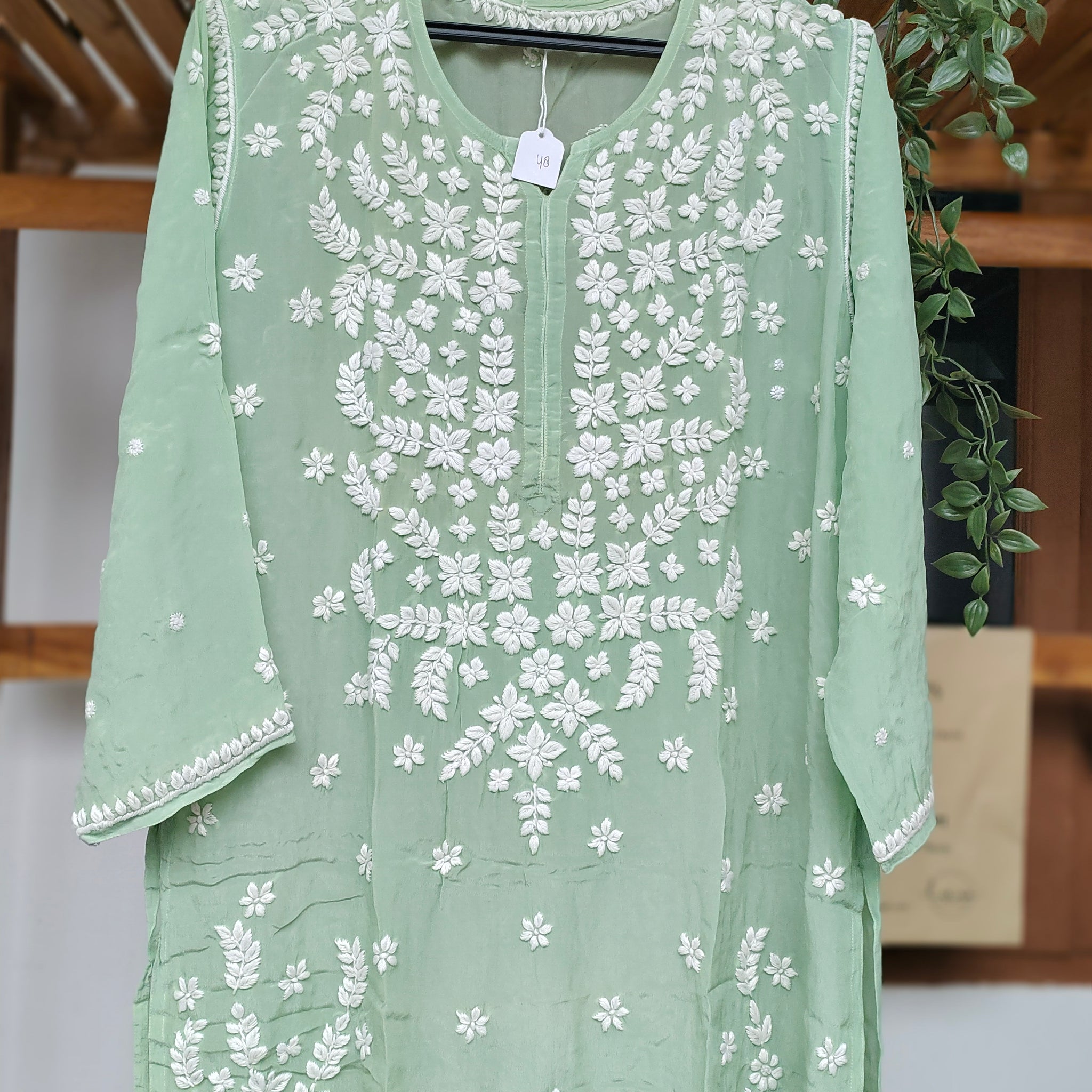 Zeba Pista Green Premium Silk Luxurious Look Chikankari Long Kurti