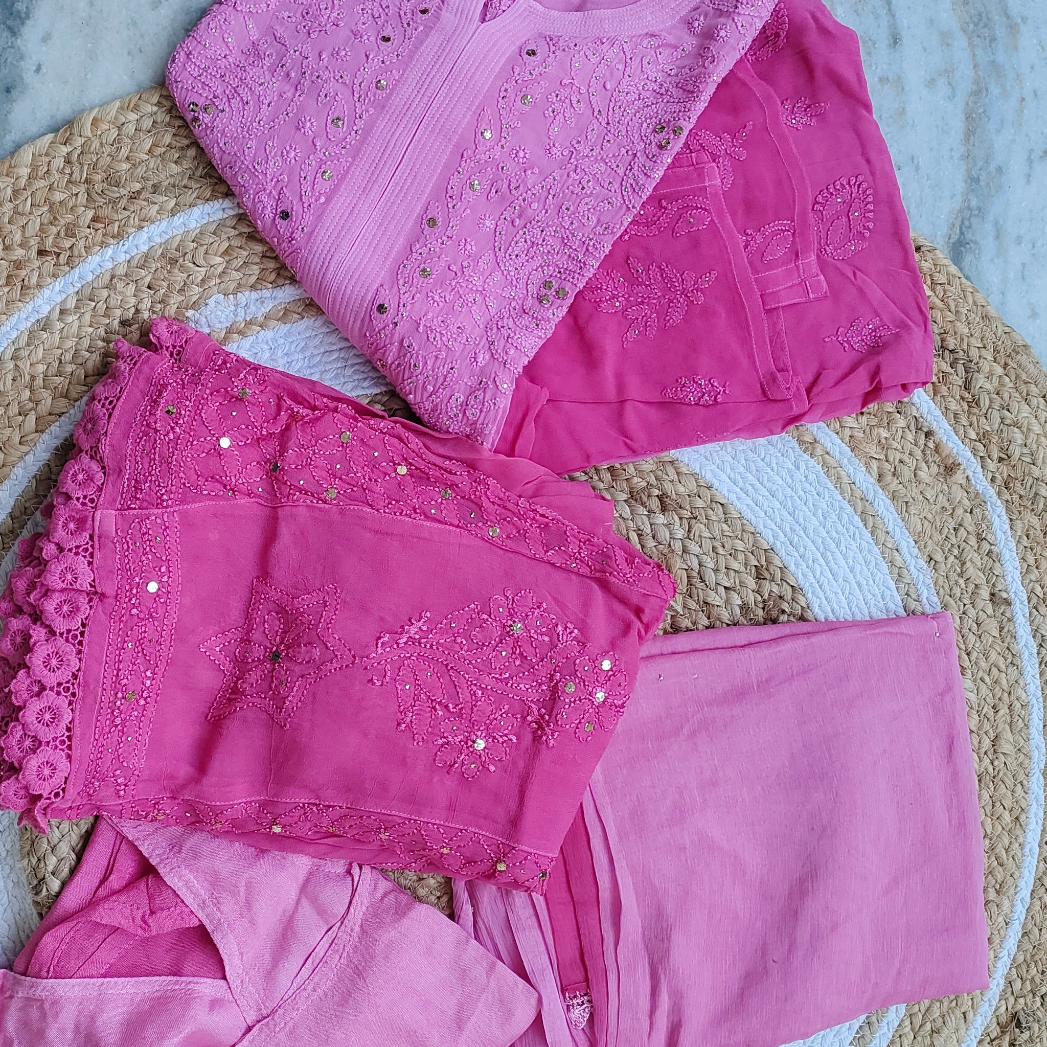 Beautiful Pinkish Premium Georgette Chikankari Mukaish Sharara Set