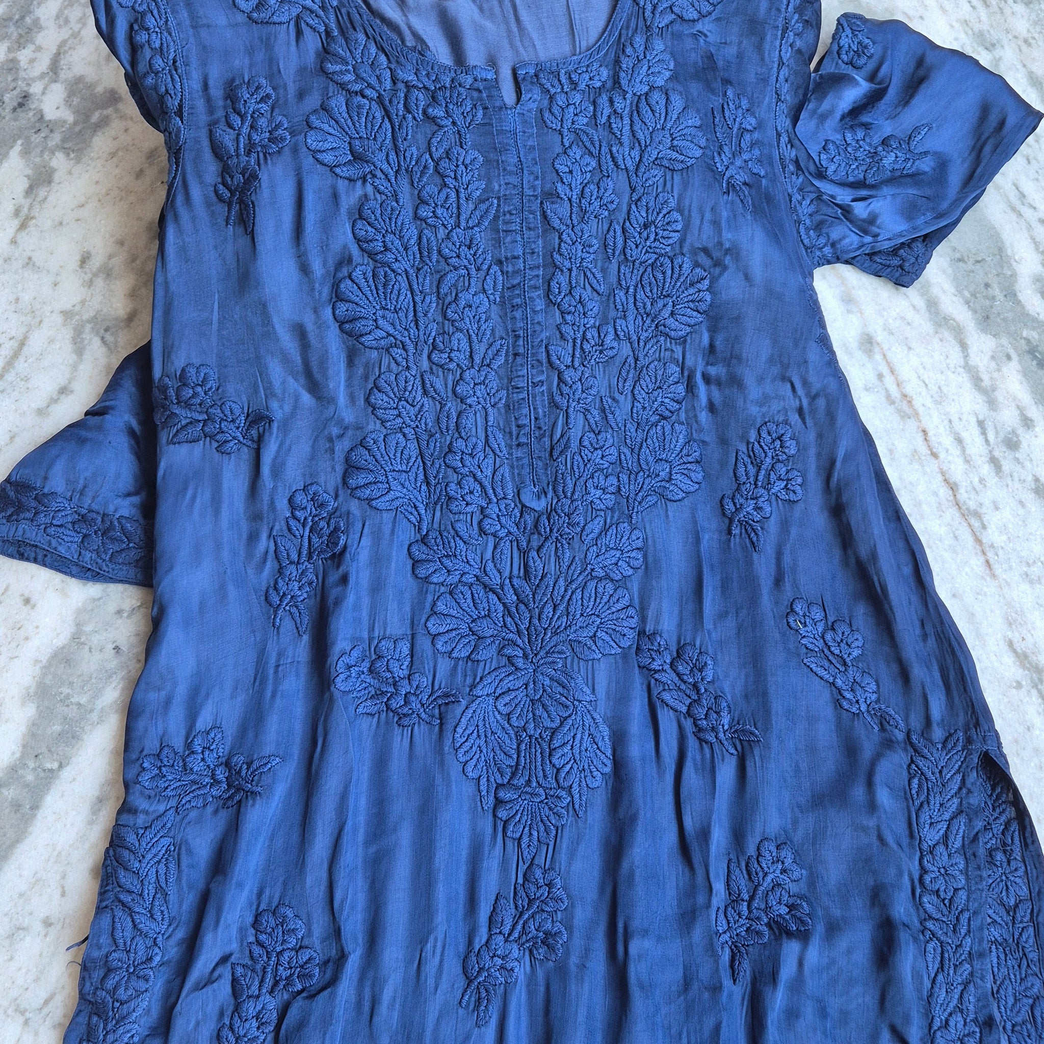 Adaya Luxurious Pure Handcrafted Chikankari Metallic Blue Long Kurta With Pockets