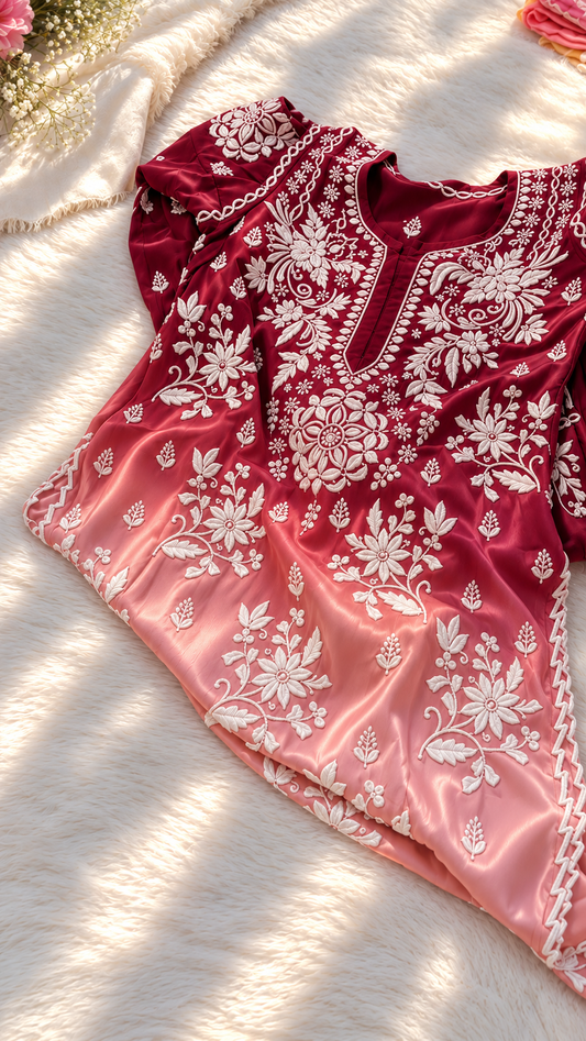 Blush Wine Premium Silk Chikankari kurti co-ord set