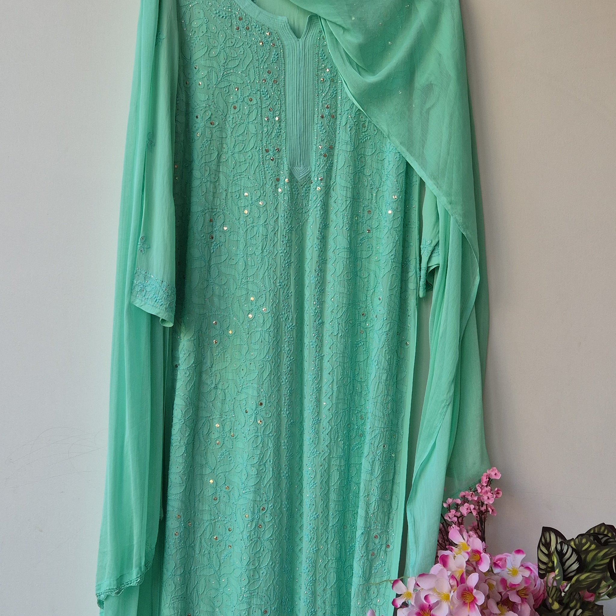 Sawera Luxurious Chikankari Premium Georgette Gharara Kurta Set