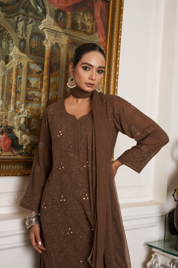 Kaneez  Brown Premium Georgette Pure Handcrafted Chikankari Kurta Set