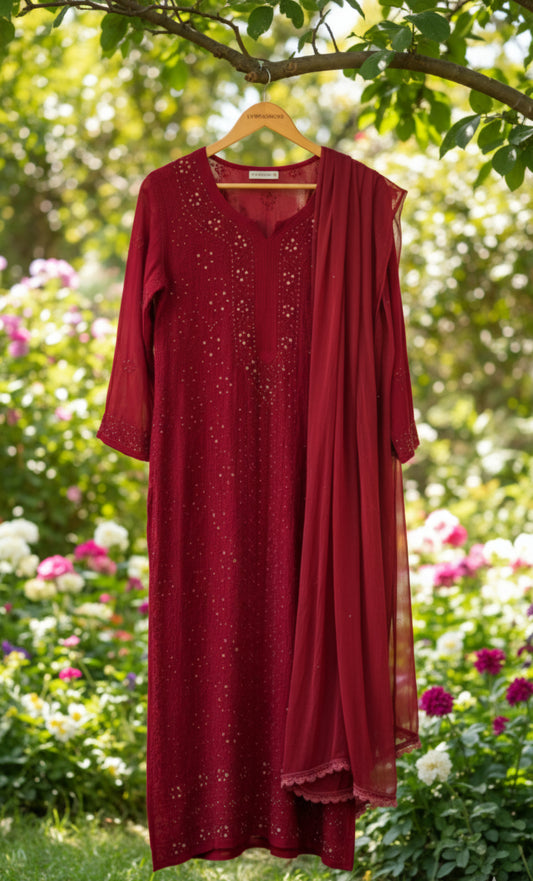 Blood Red Premium Georgette Chikankari Luxurious Set With Kamdani Add on