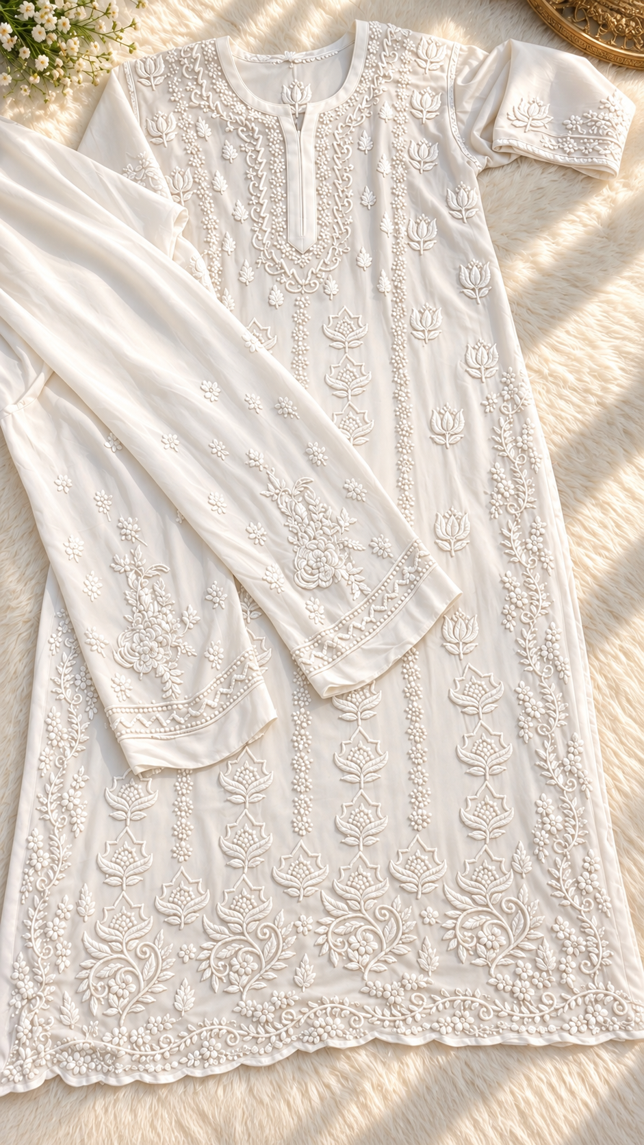 White Rich Viscous Georgette Chikankari Long Kurti Set by LVW Fashions featuring intricate handcrafted chikankari embroidery