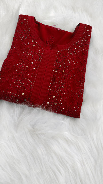 Reddish Premium Georgette Chikankari Long Kurta With Mukaish Add on