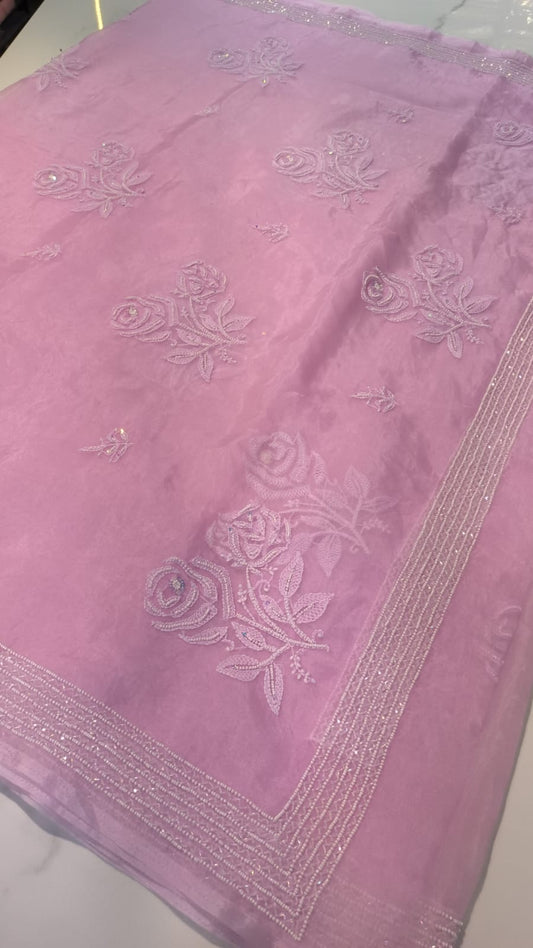 Rose Organza Luxurious Chikankari And Pearls Moti Embroidery