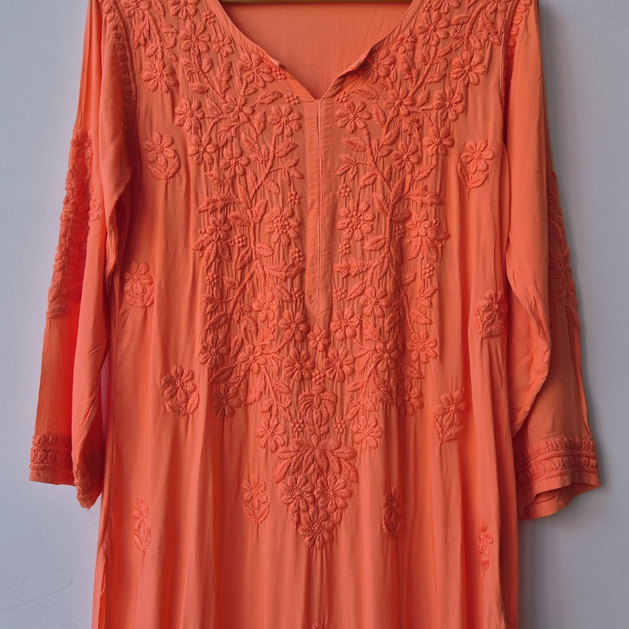 Medium vermilion Premium Soft Non Transparent Modal Chikankari Long Kurta