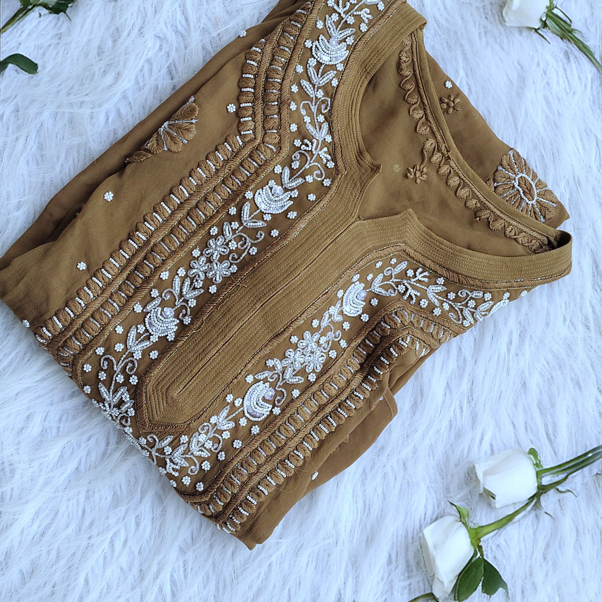 Noori Premium Georgette Chikankari Luxurious Long Kurta Pearls & Cutdana Embroidery