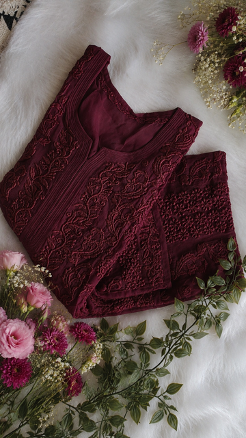 Wine Premium Georgette luxurious Chikankari Long Kurta Heavy Embroidery with Light weight