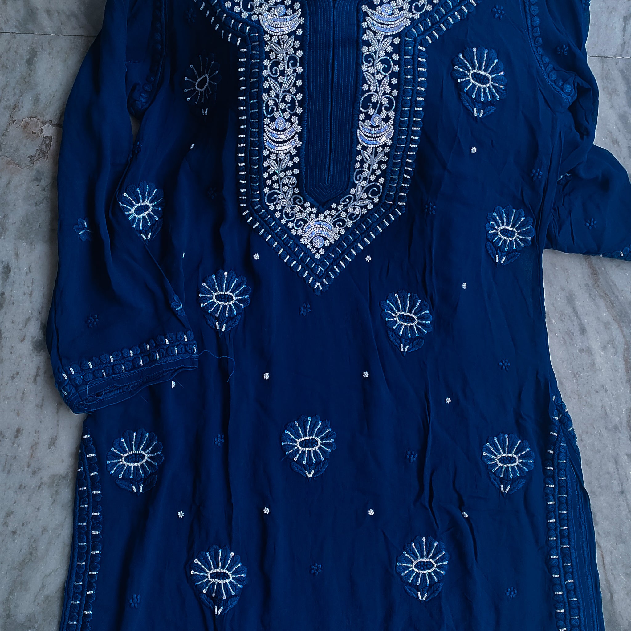 Deep Blue Ombre Noori  Premium Georgette Chikankari Kurta Cutdana Embroidery