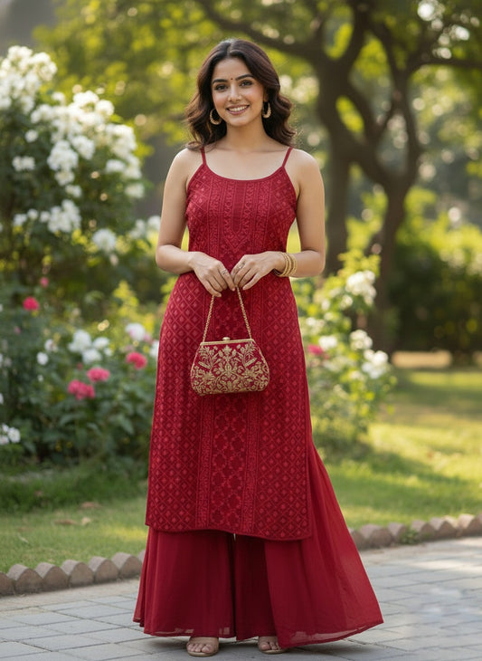 Tulip Straps Premium Georgette Pure Handcrafted Front Heavy Work Tunic