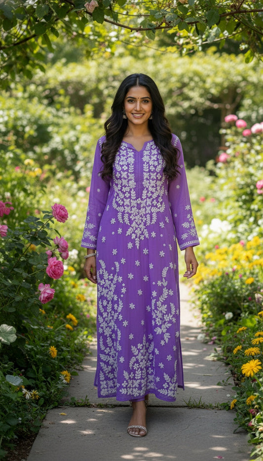 Beautiful Premium Georgette Chikankari Luxurious Long Kurta with kamdani add on