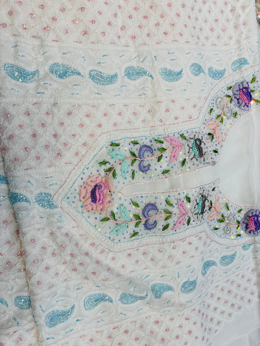 Zeba Pure Handcrafted Parsi Work Unstitched Kurta Dupatta Suit Pearl and Cutdana Add On with luxury chikankari Work