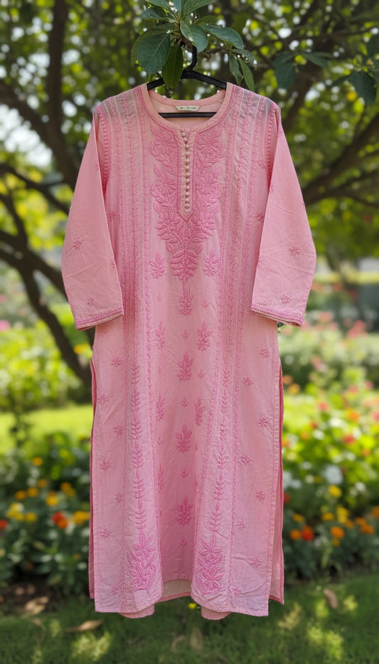 Baby Pink Premium Mul Silk Oversized Chikankari Long Kurta