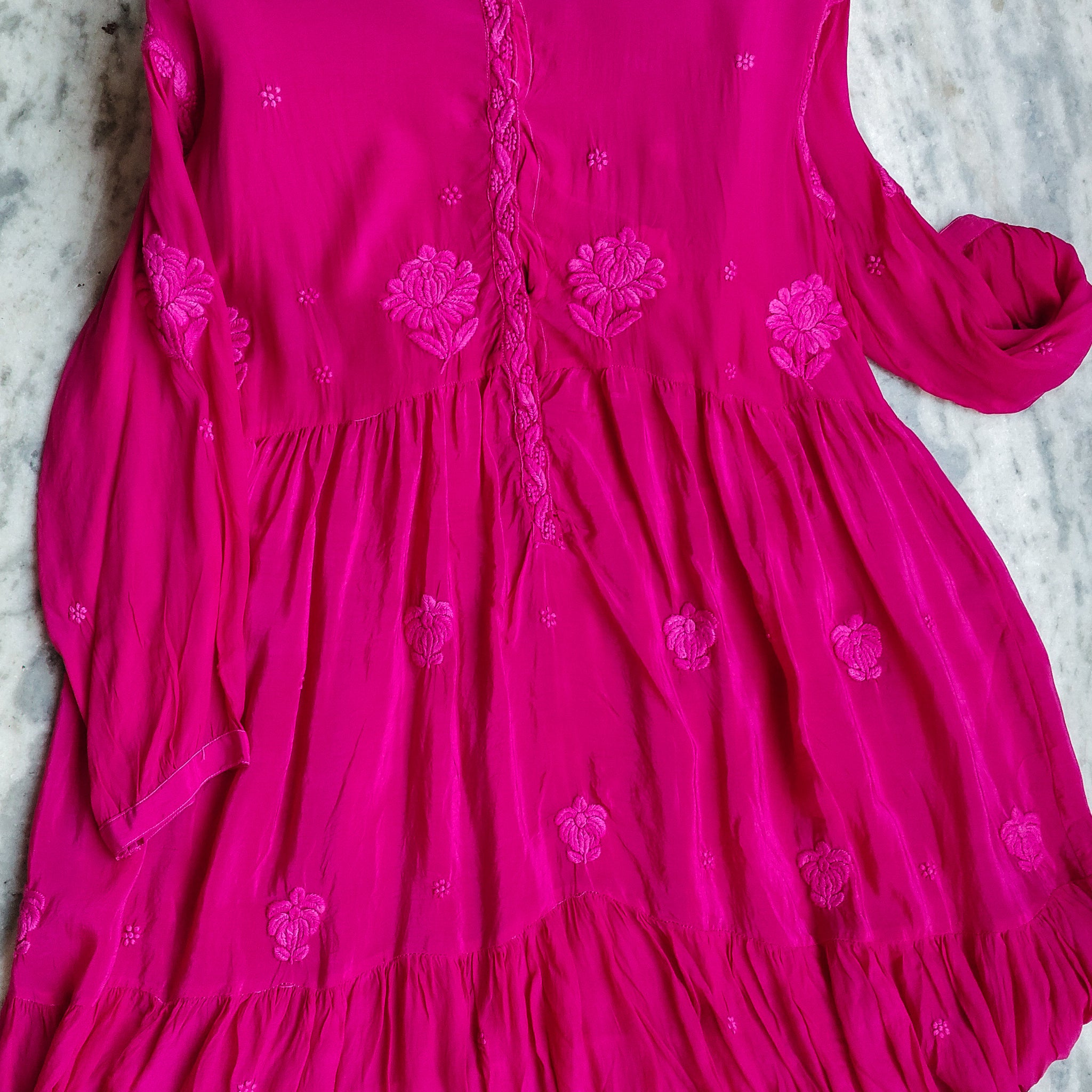 Pure Handcrafted Chikankari Premium Silk Midi Shirt Dress