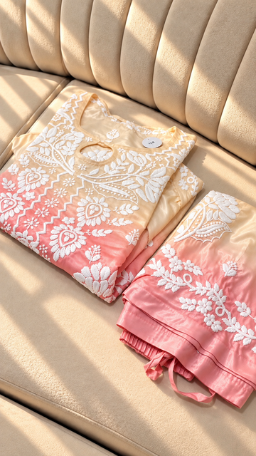 Whitish Pink Omrbe Silk High Low Co-ord Set