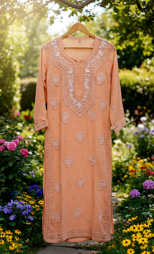 Powder Brown Beautiful Noori  Premium Georgette Chikankari Kurta Cutdana Embroidery